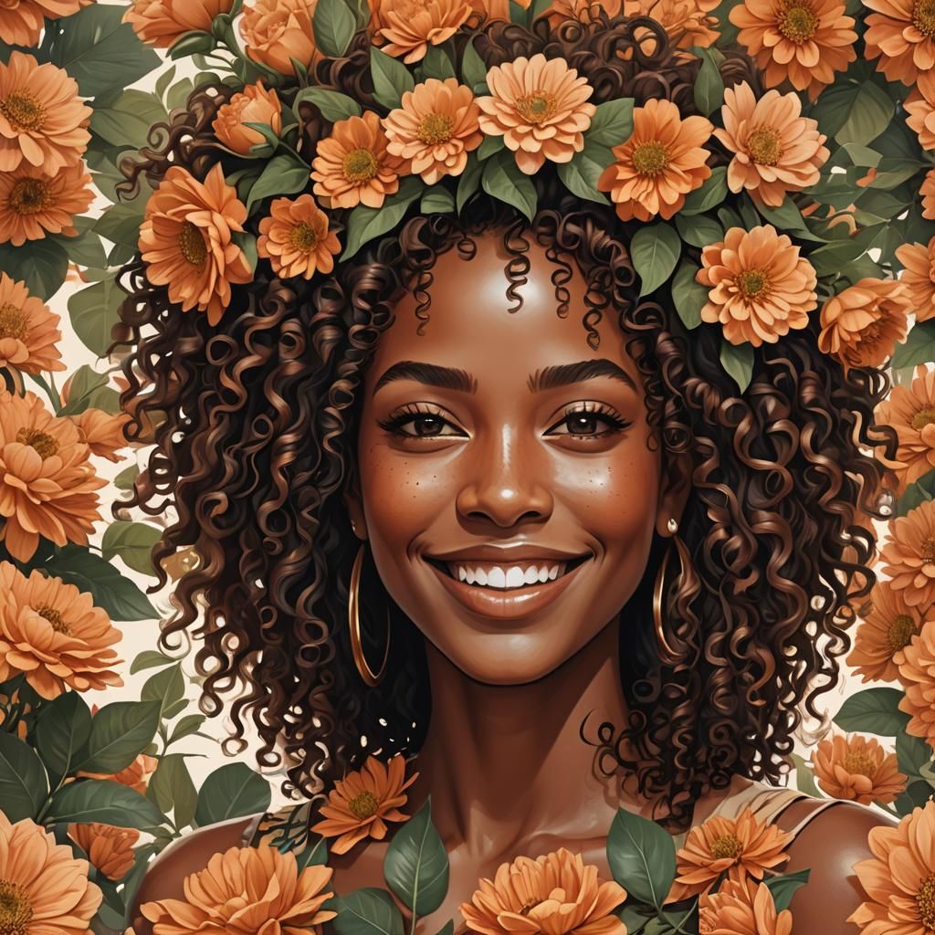 Beautiful Black Woman with Flowers: Flat Vector Art