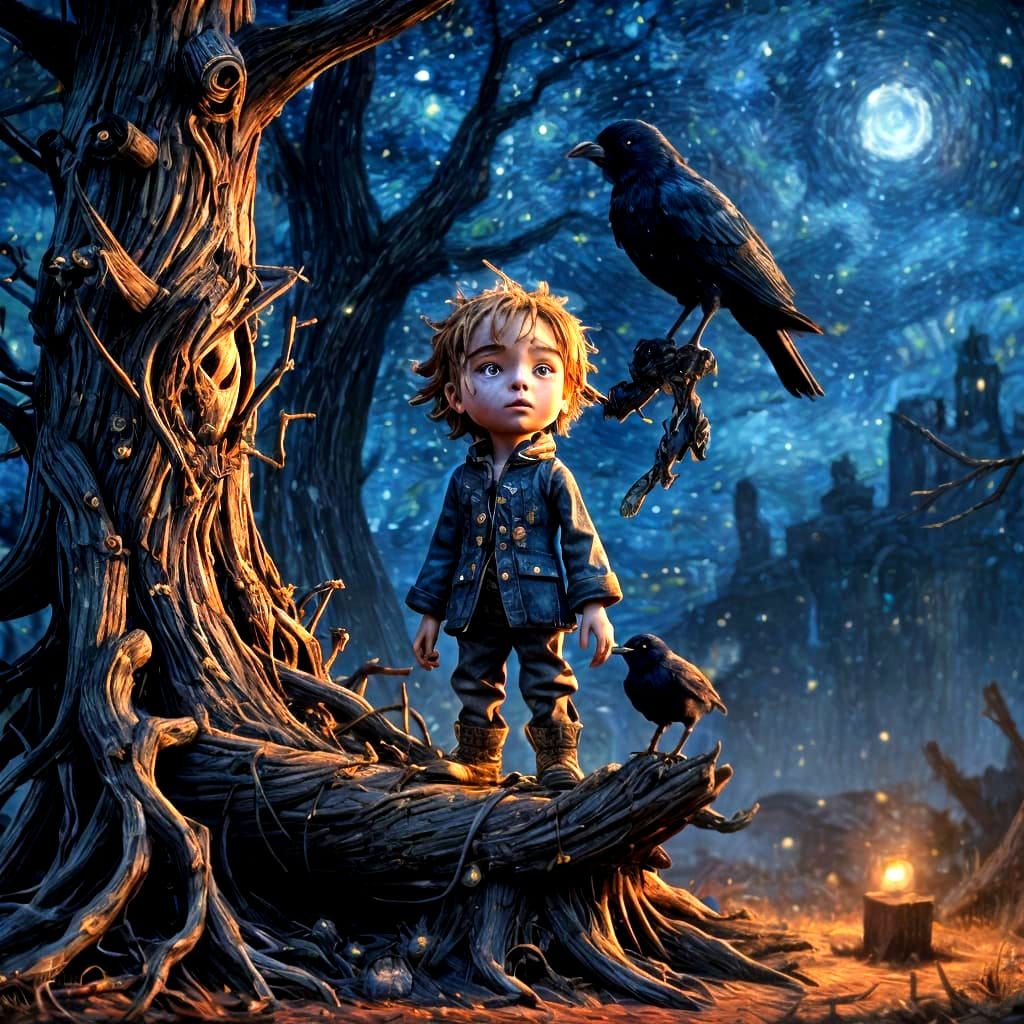 Baby Scarecrow with Crow, Cherry Velvet Theme, Luminous Line...