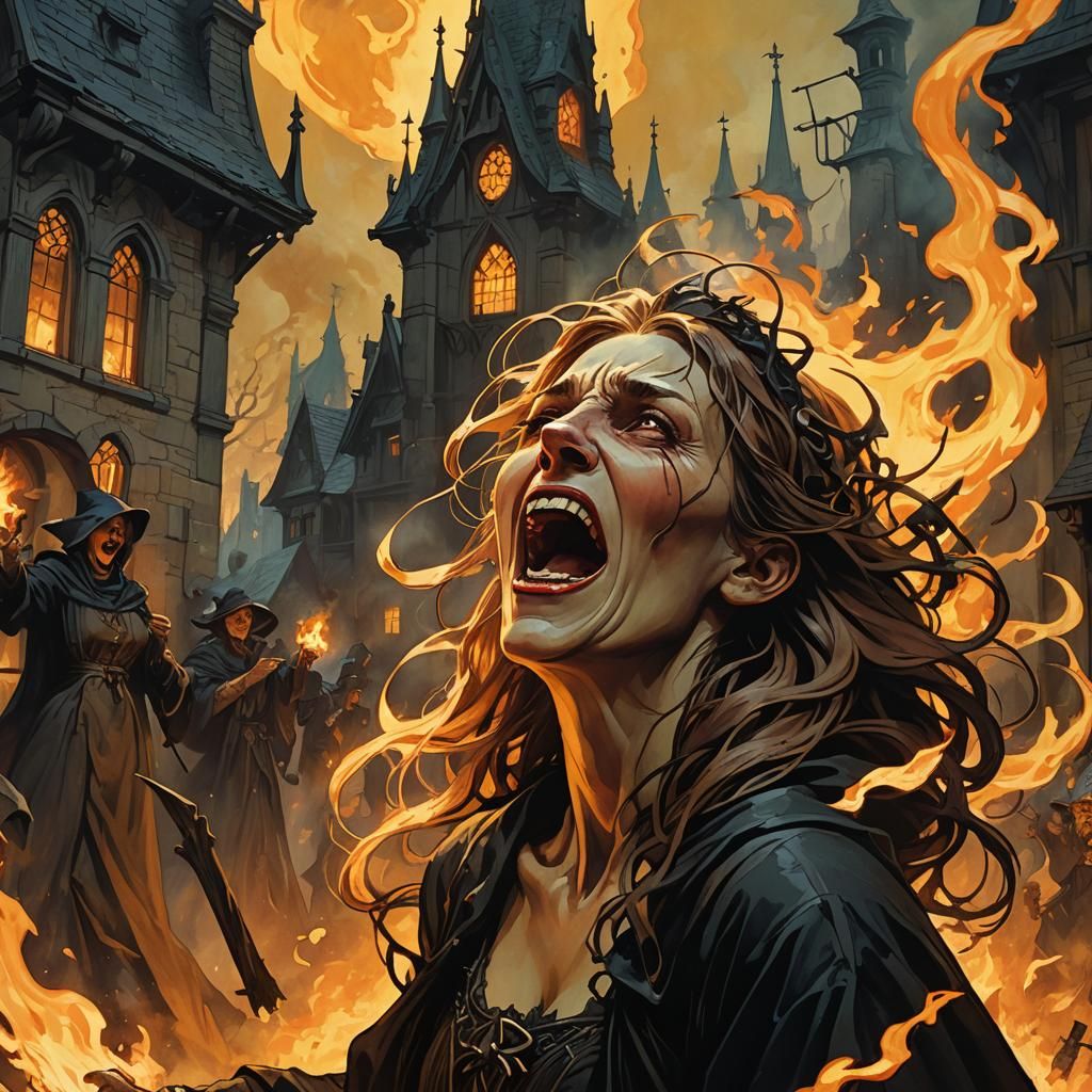 Witch Burning in Dark Fantasy Art Nouveau Style
