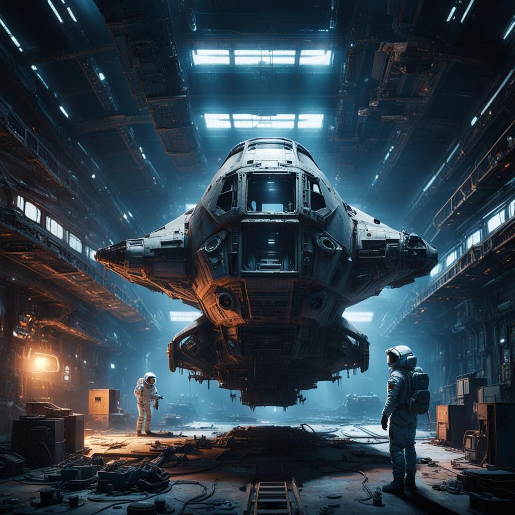 Astronaut Repairs Spaceship in Abandoned Hangar