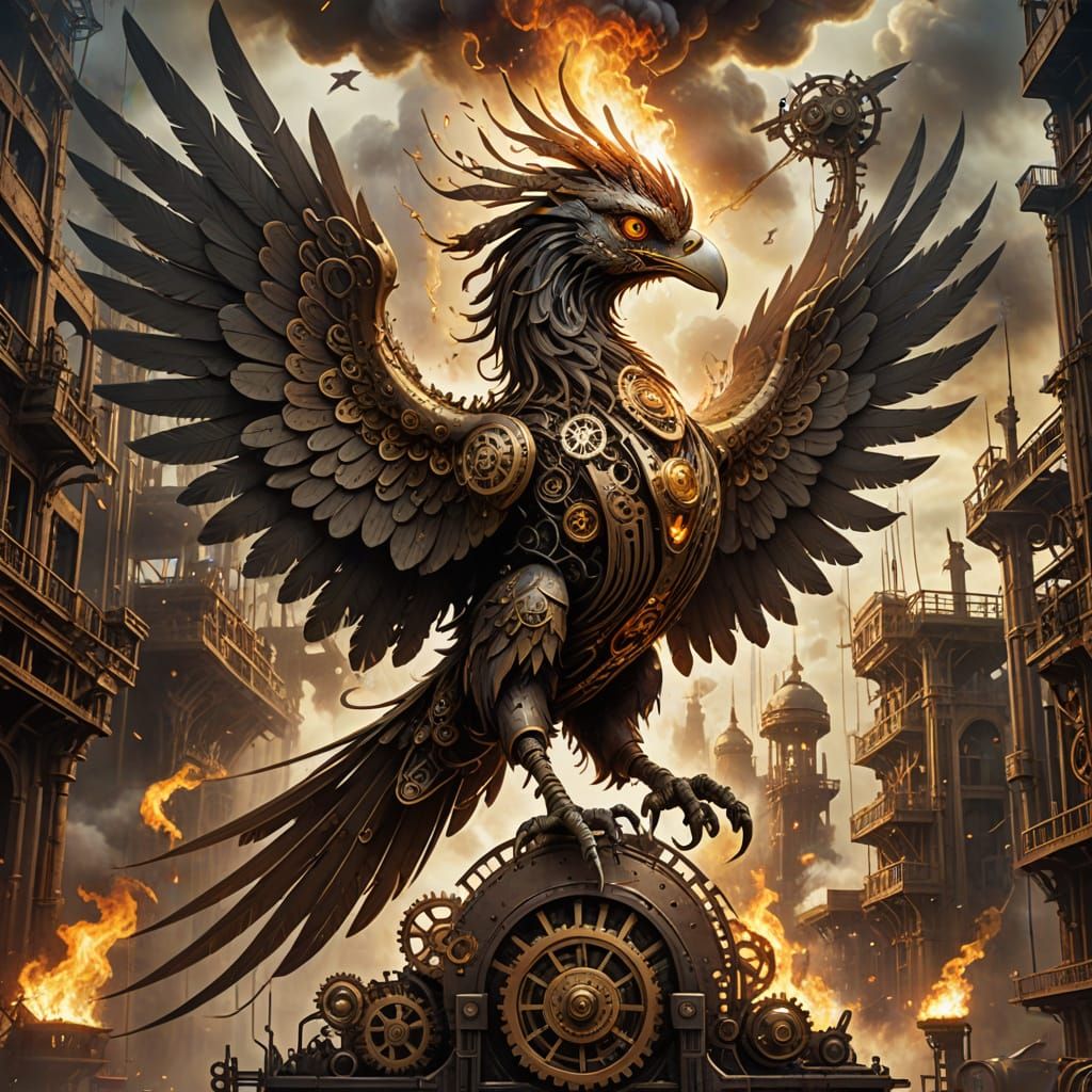 Steampunk Phoenix Rising from Clockwork City