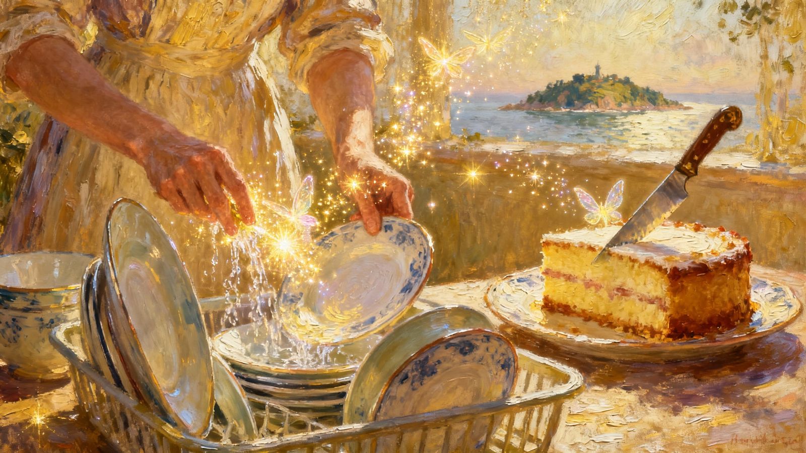 Magic Dishes Clean Themselves in Oil Painting Style