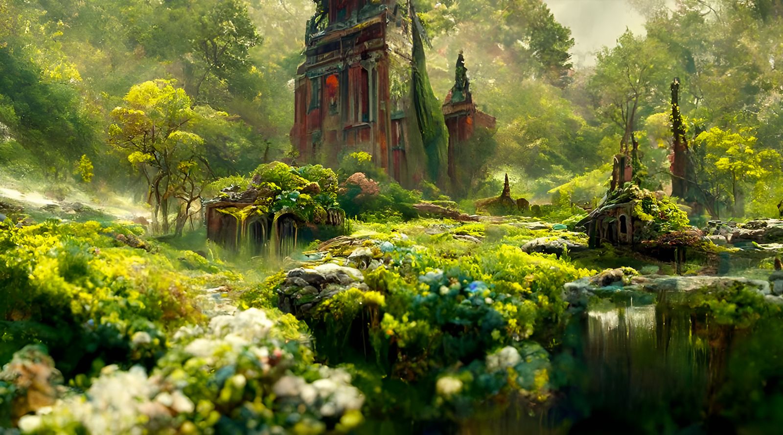 Overgrown Temple Vista in Detailed Landscape Painting