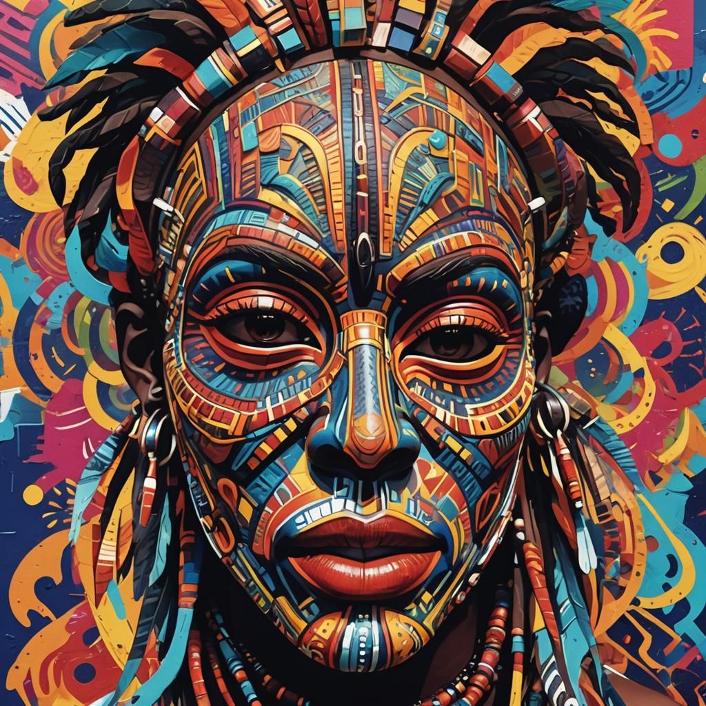Pop Art African Mask in Cityscape