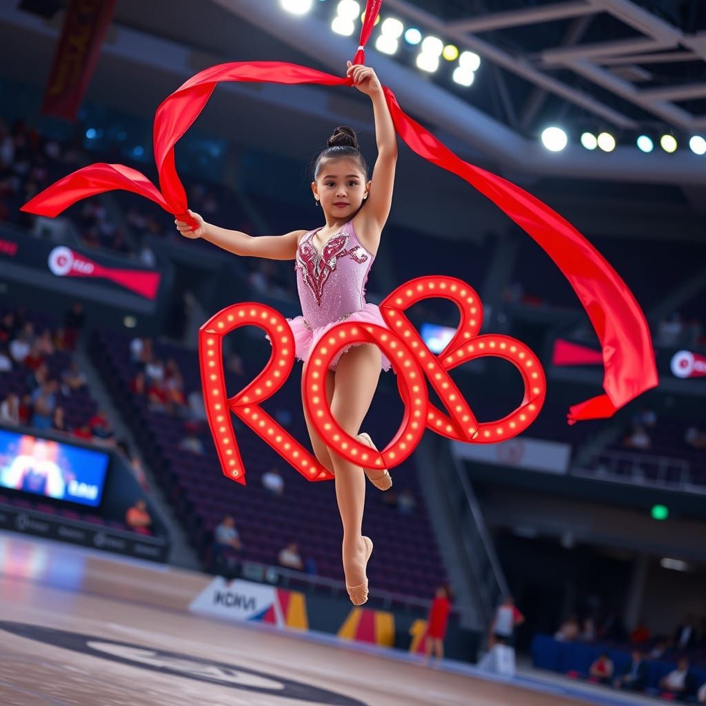 Gymnast Twirls Red Ribbon in Dramatic Arena