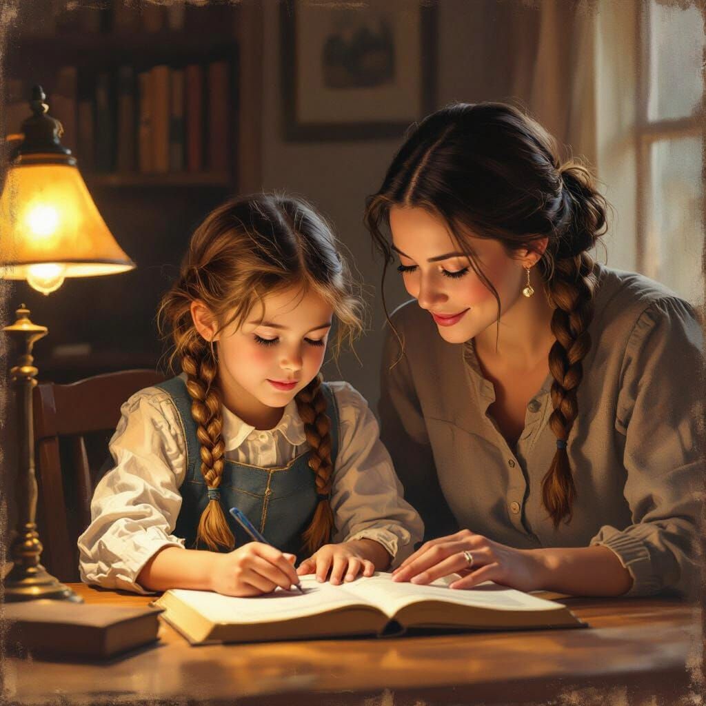 Mother Helps Daughter Study by Lamplight