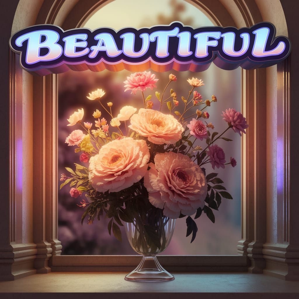 A 3D, raised, bold, curly script logo saying "Beautiful" fills the upper third of the canvas, each letter glowing with a...