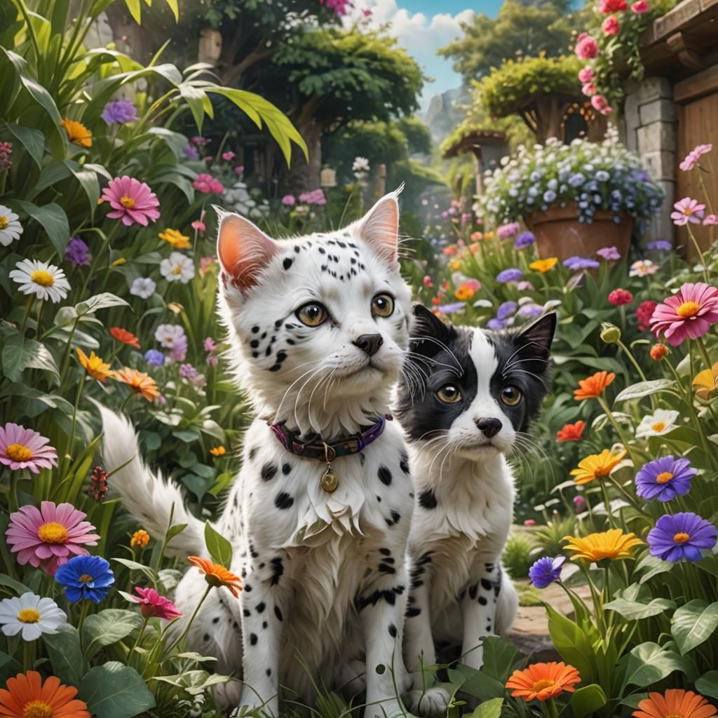 Curious Kitten and Dalmatian Puppy in Dream Garden