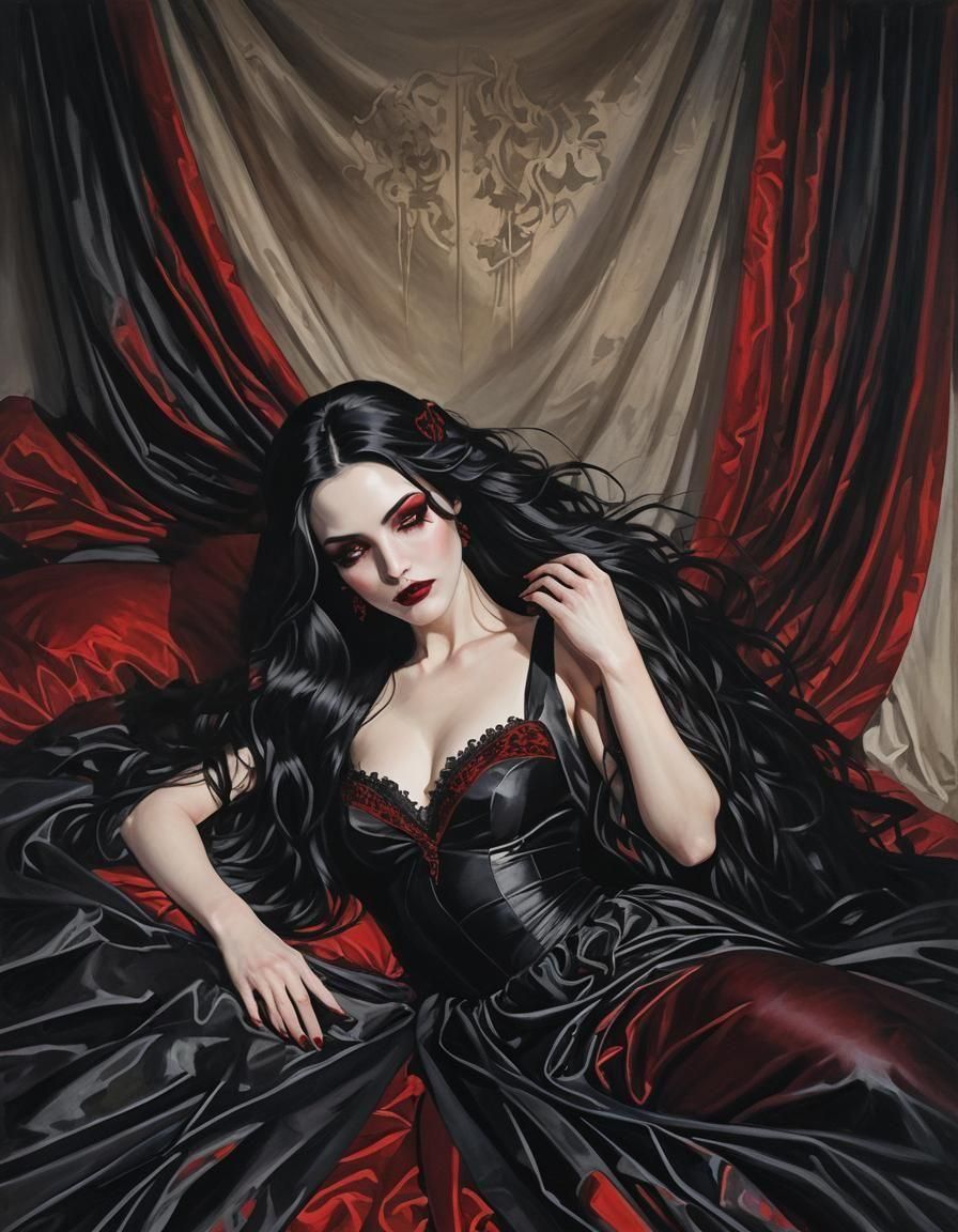 Goth Woman in Black Swimsuit on Satin Sheets