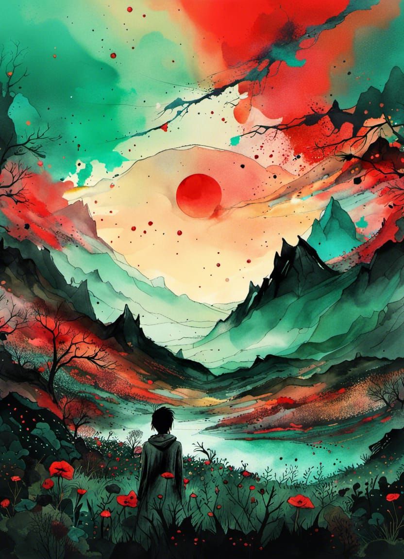 Bloodstained Sky Over Flower Valley: Watercolor Art