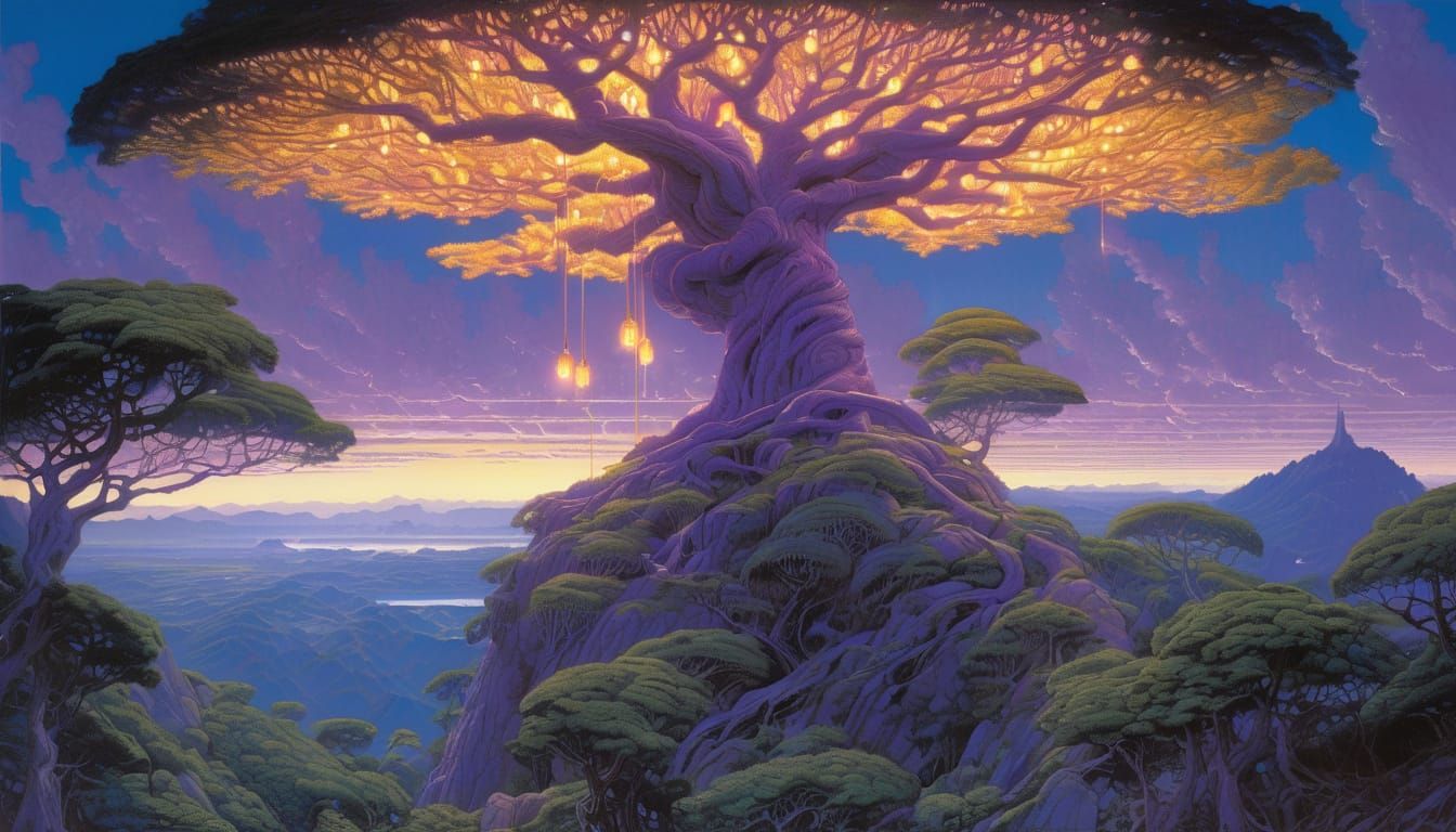 Enchanted Sacred Tree in Vibrant Purple Foliage as Oil Paint...