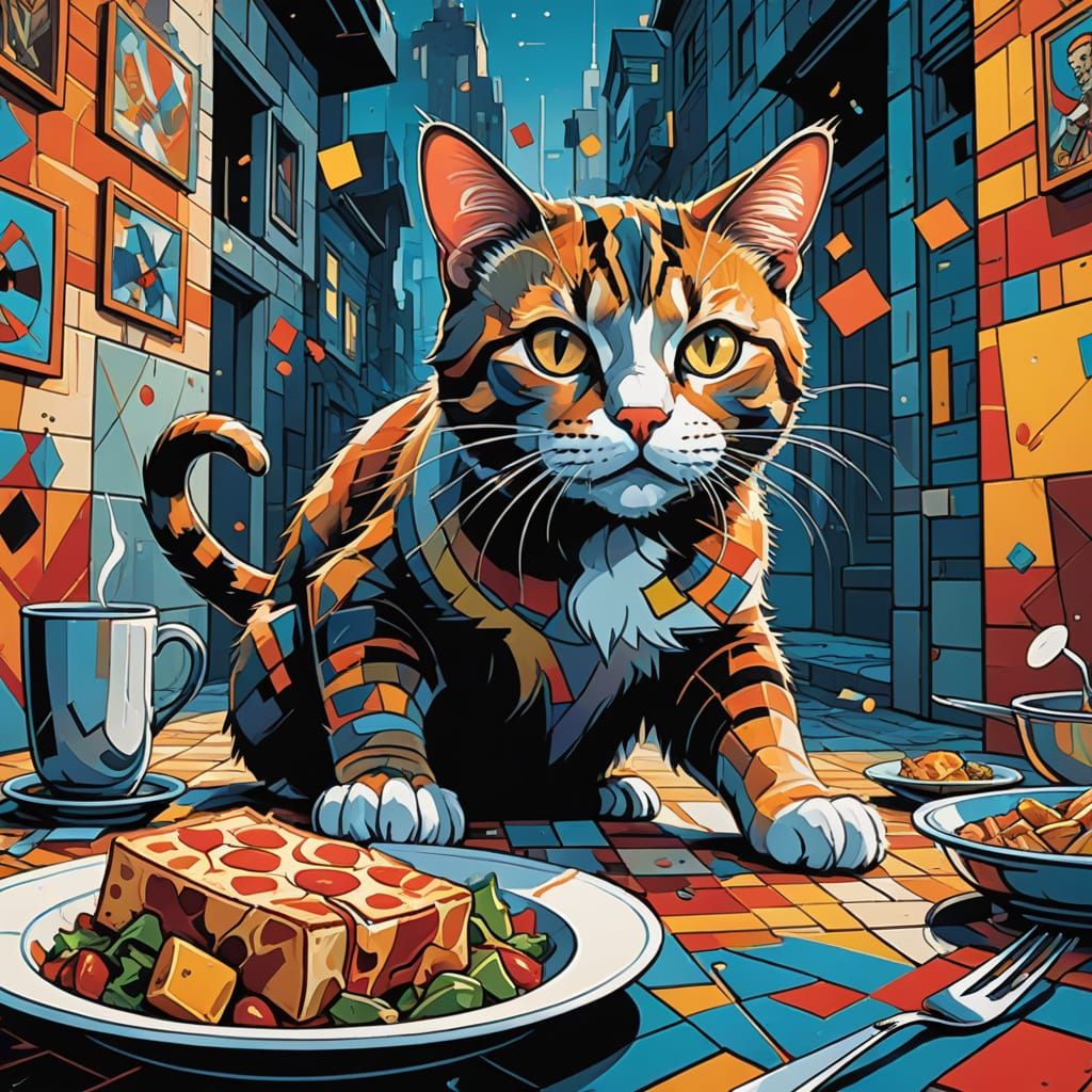 Cartoon Cat's Surprise in Cubist Comic Book Art