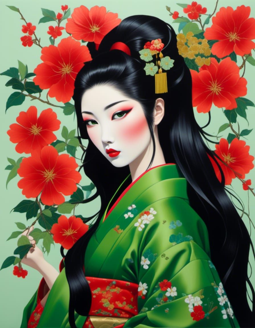 Beautiful Geisha in Green Kimono: Gouache Style