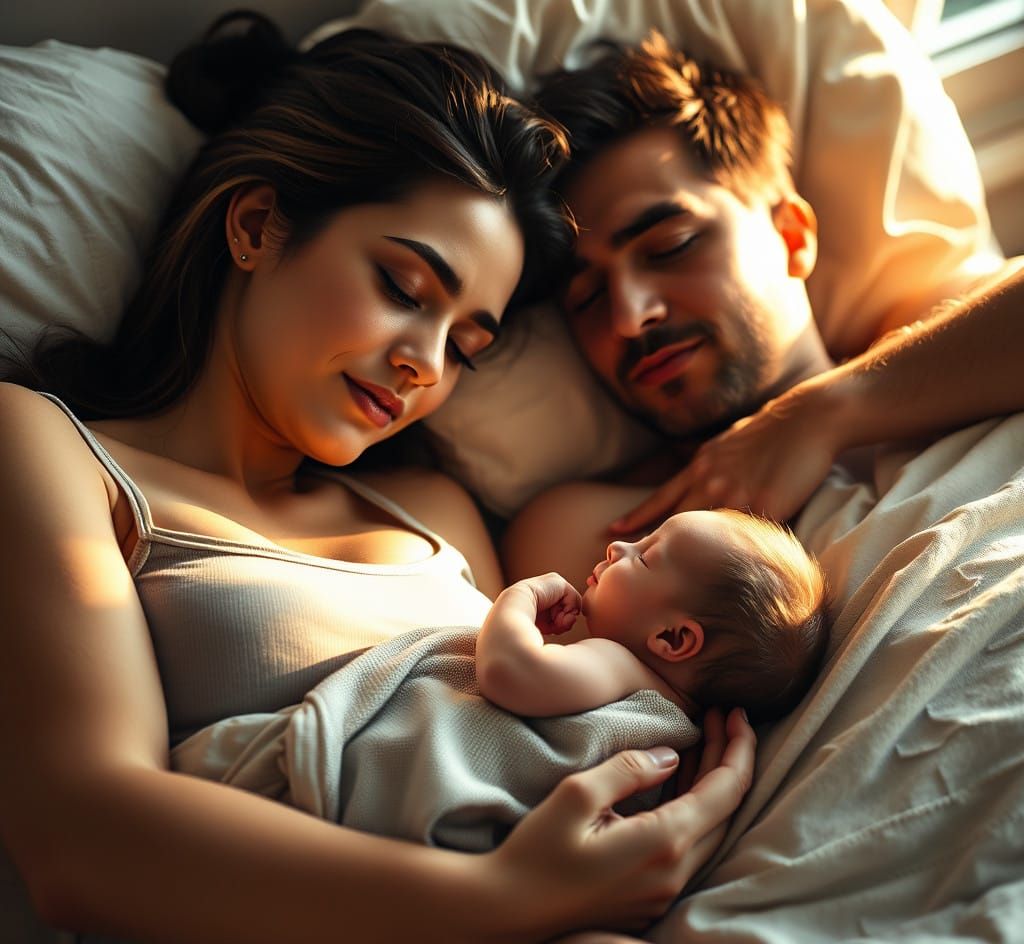 Newborn Baby Sleeping Between Parents, Natural Lighting