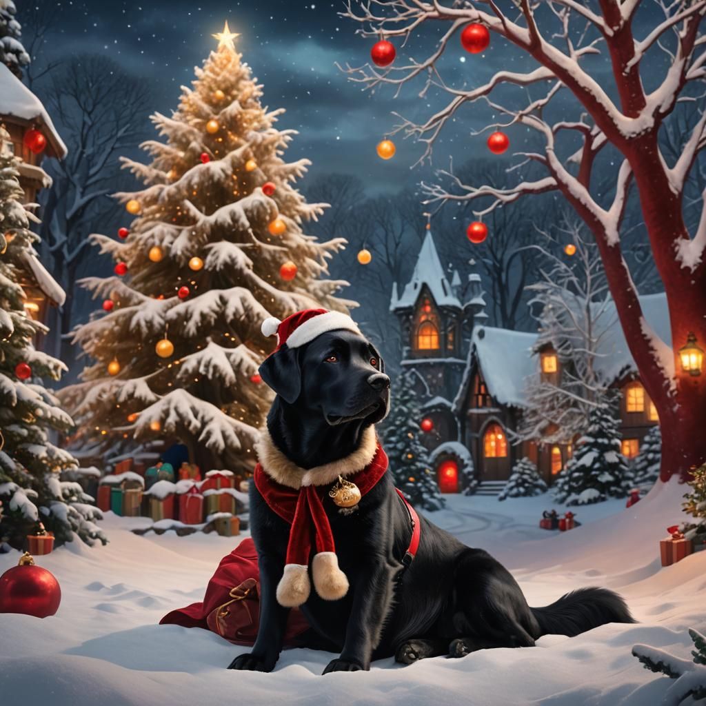 Black Lab and Santa in Winter Wonderland
