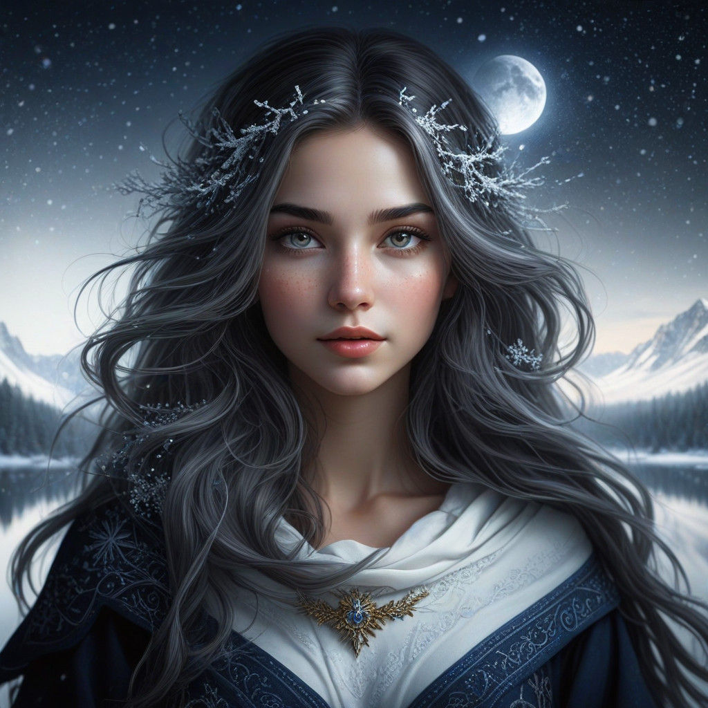Ethereal Winter Goddess in Mystical Landscape