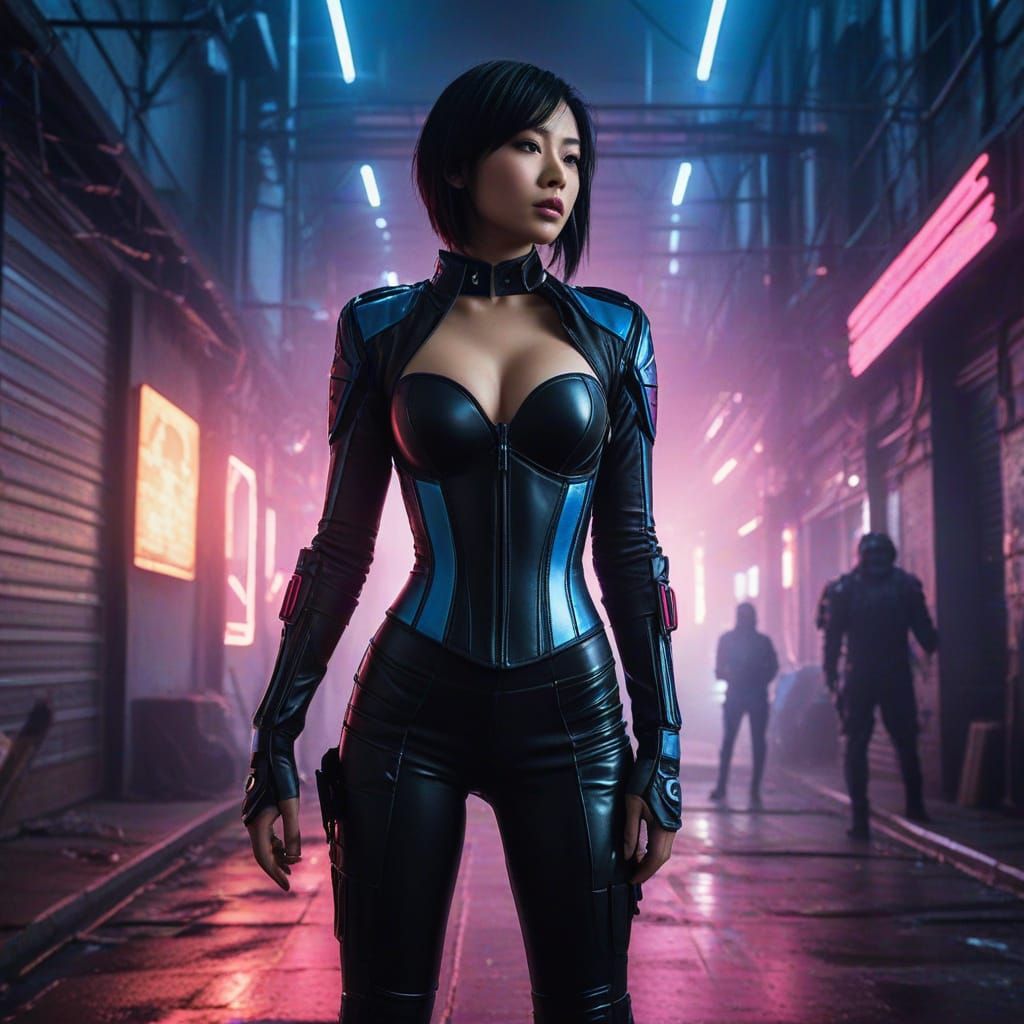 Confident Asian Woman in Cyberpunk Fashion