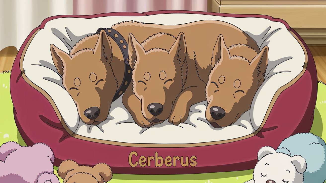 Anime Cerberus Puppy Asleep in Dog Bed