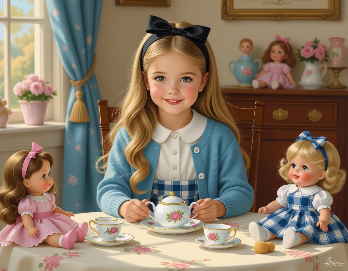 Charming Tea Party with Dolls in Whimsical Realism