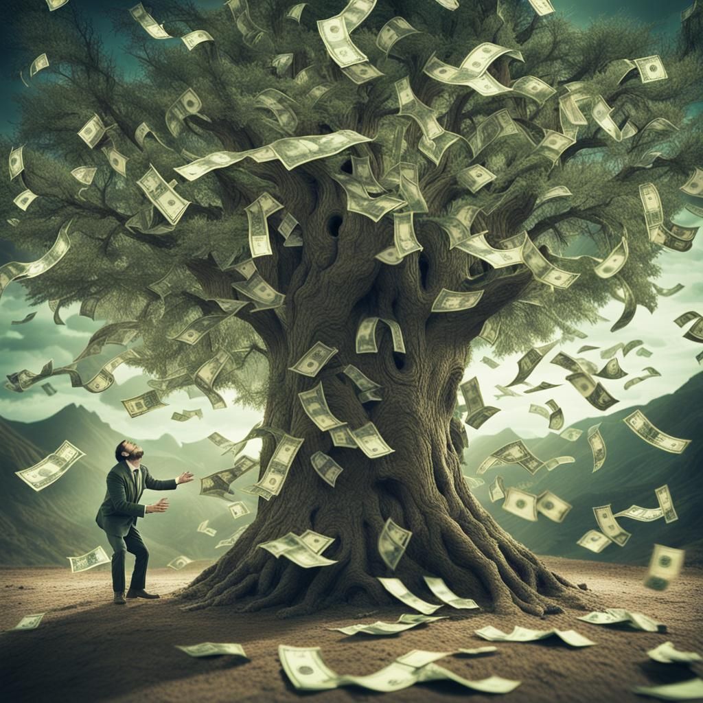 Desperate Man Shaking a Money Tree: Cinematic Still