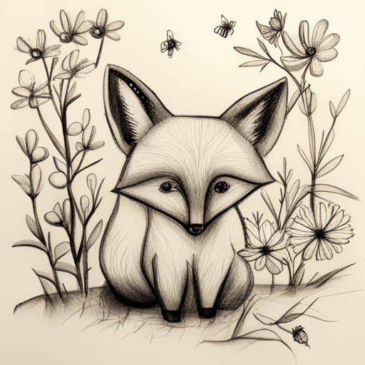 Fox Family Black Ink Drawing on Natural Paper