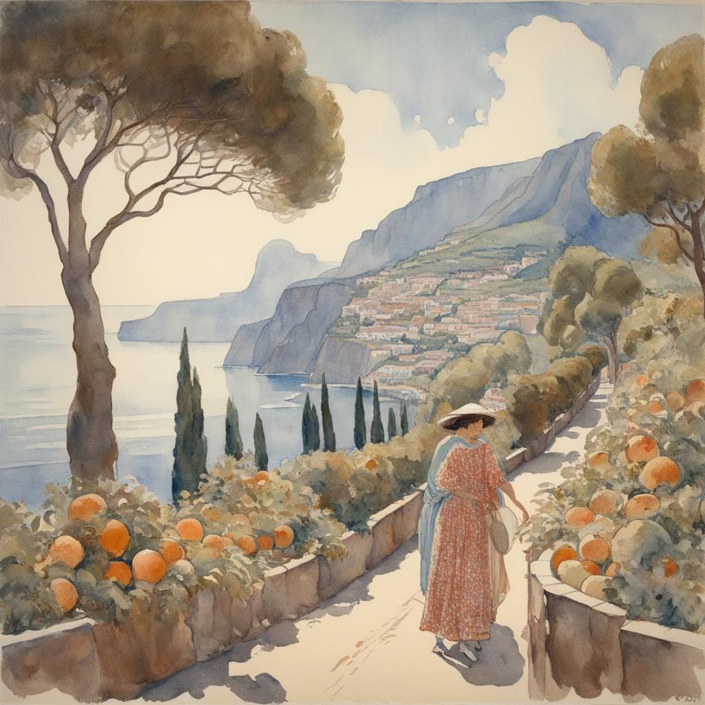 Two Women Eating Apple, Watercolor in Wegener Style