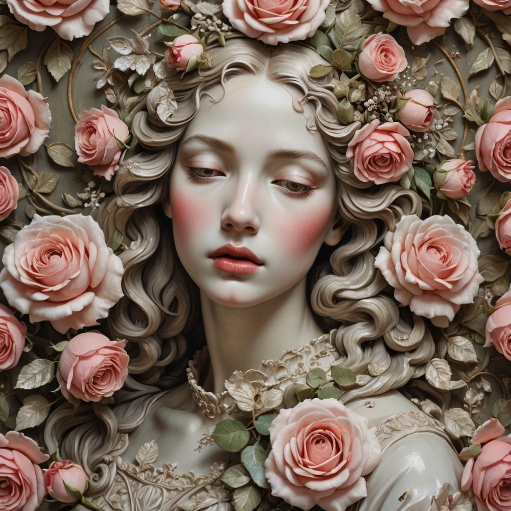 Baroque Roses and Woman's Face in Dreamlike 3D Render