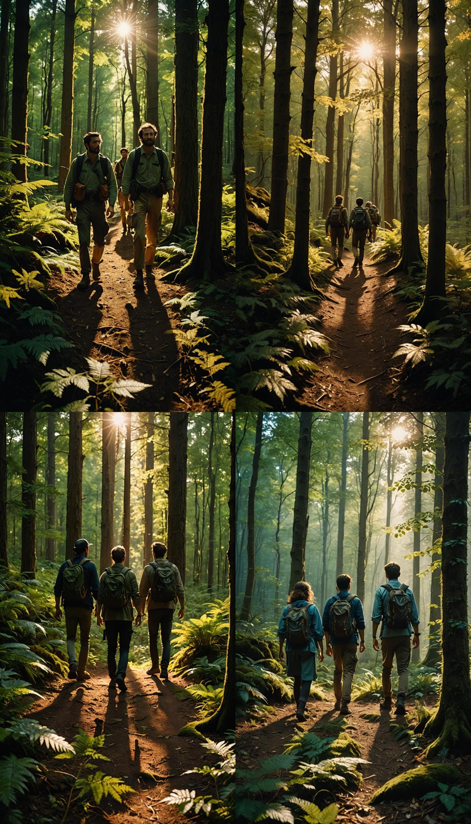 Adventurers Wander Through Forest in Cinematic Style