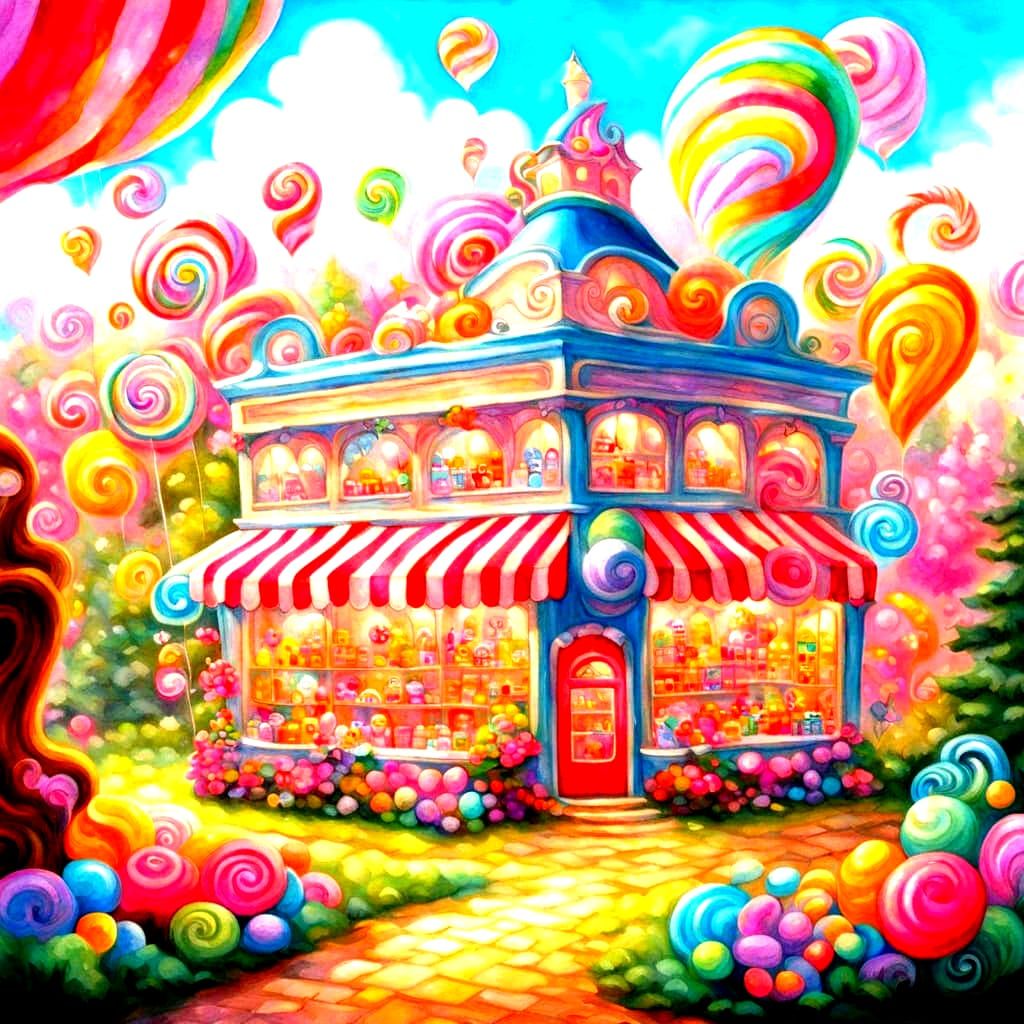 Vibrant Candy Store Wonderland in Storybook Style