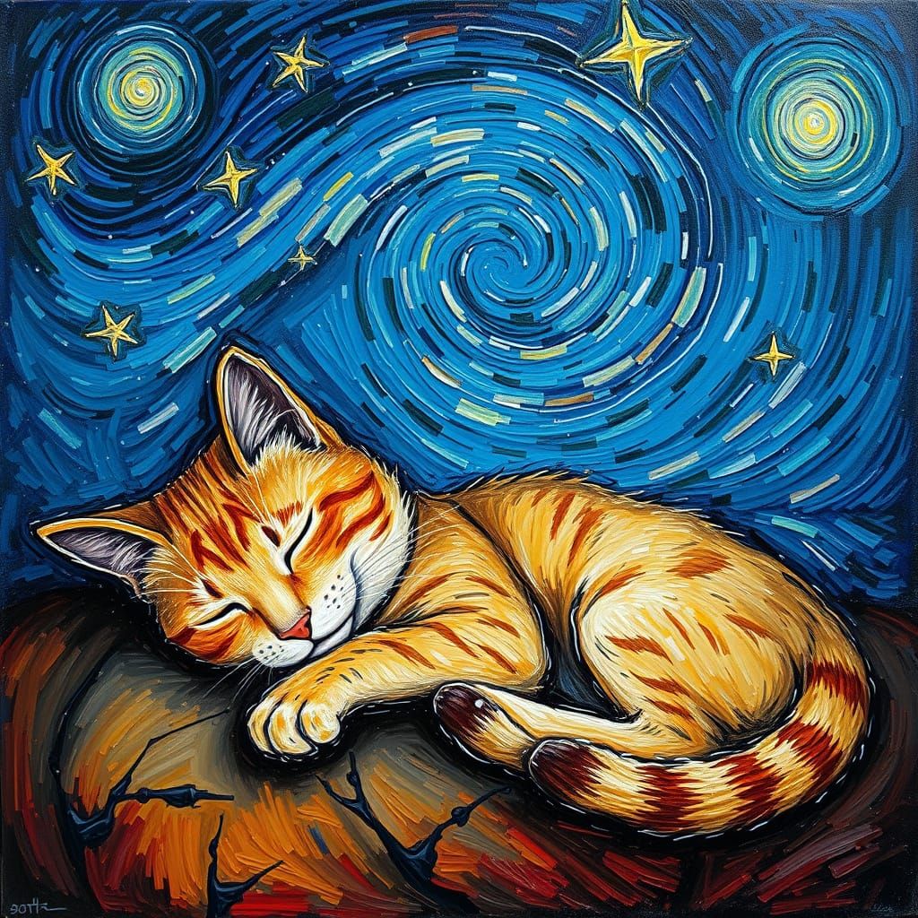 Cat Sleeping Under Starry Night Sky as Impasto Painting