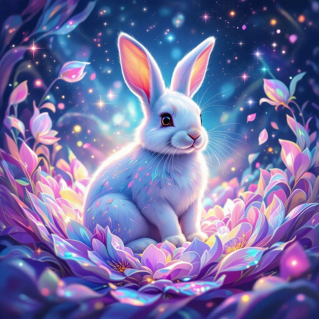 Surreal Cosmic Easter Bunny in Vibrant Iridescent Florals