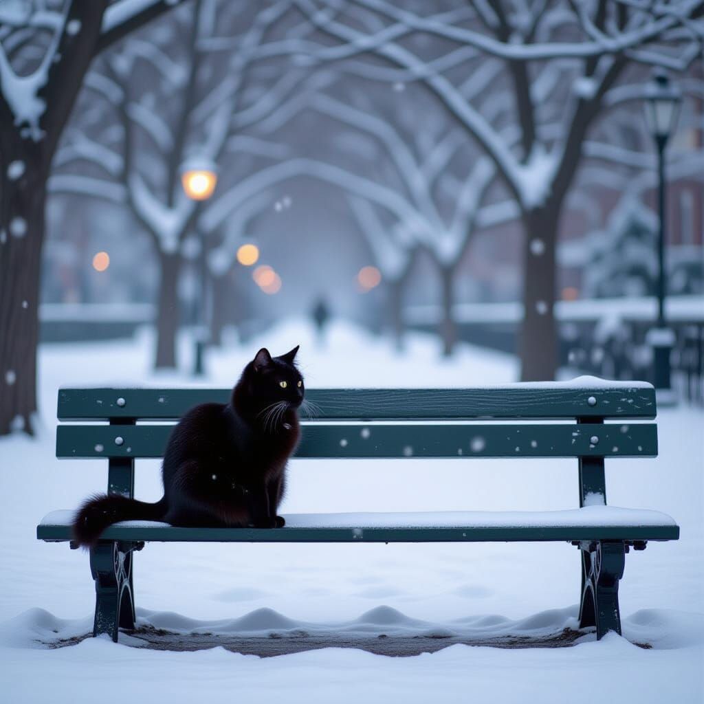 Black Cat Contemplating Snowfall on Park Bench