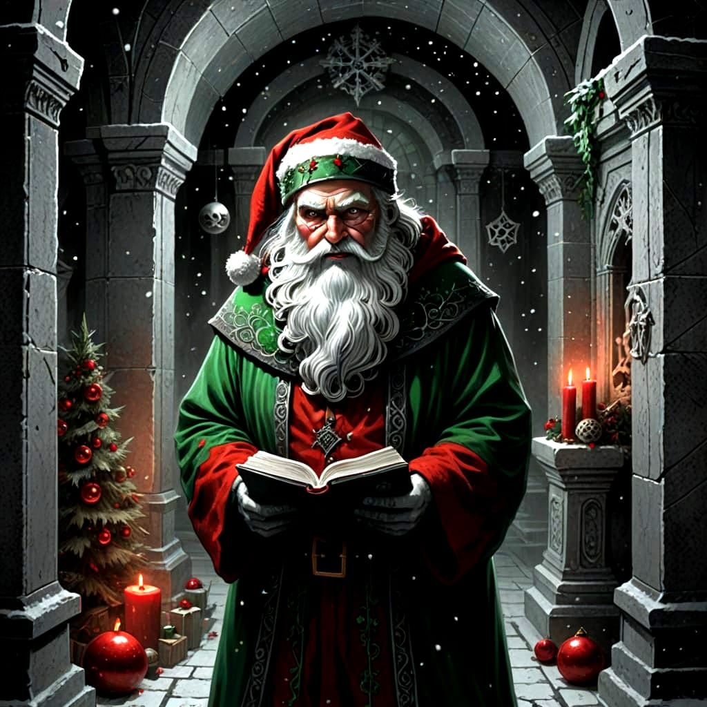 Gothic Santa in Eerie Crypt with Festive Macabre Art