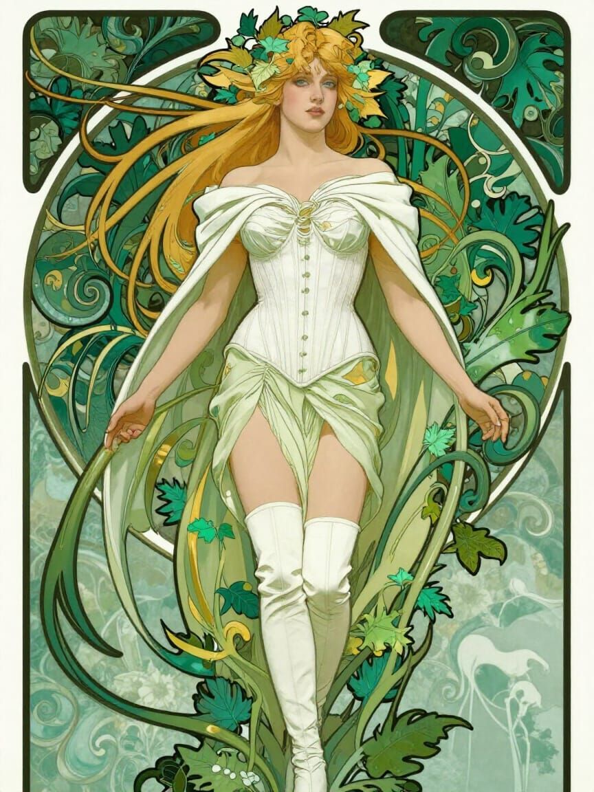 Art Nouveau Portrait of Elegant Woman in Green Botanical Sty...