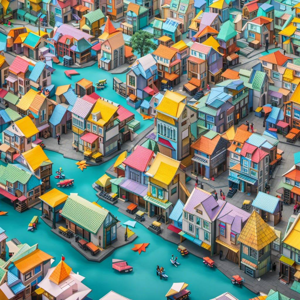 Hyperrealistic Origami City with Flying Cars