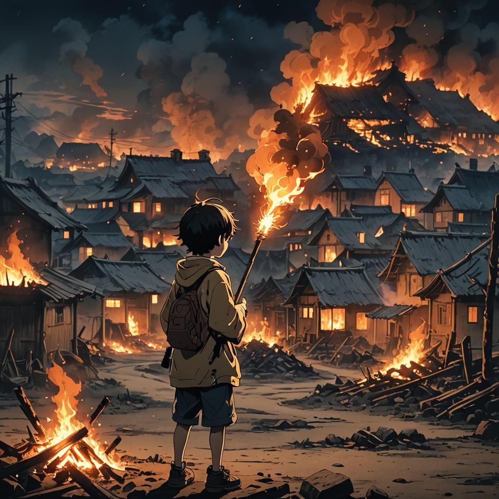 Child with Burning Stick Burns Village: Anime Art