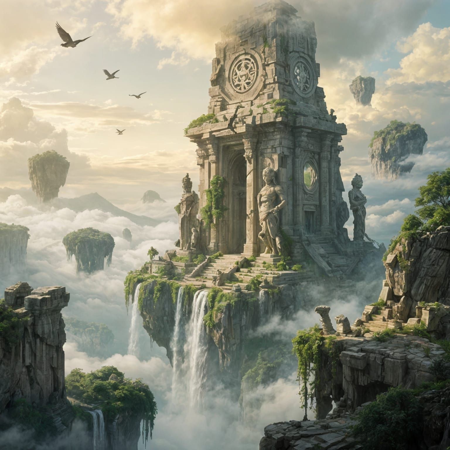 Massive Floating Temple in Clouds, Ancient Ruins with Golden...