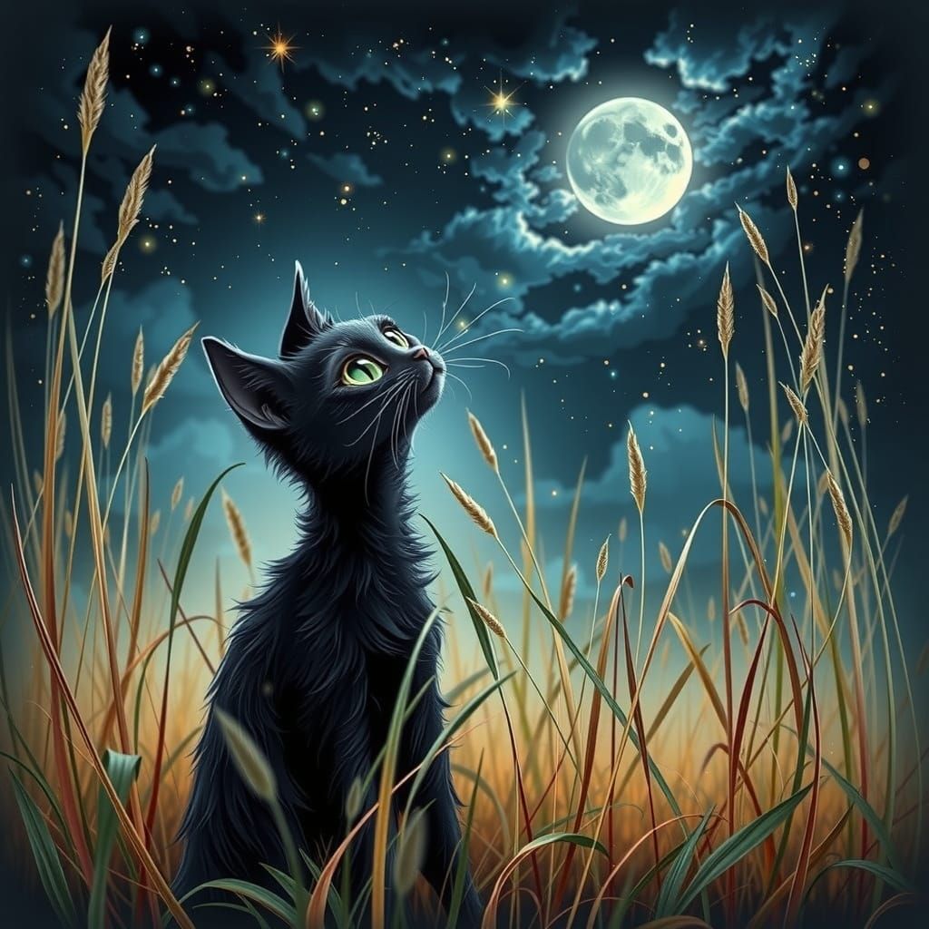 Enchanted Moonlit Whimsy: Curious Black Cat in Dreamy Gold H...