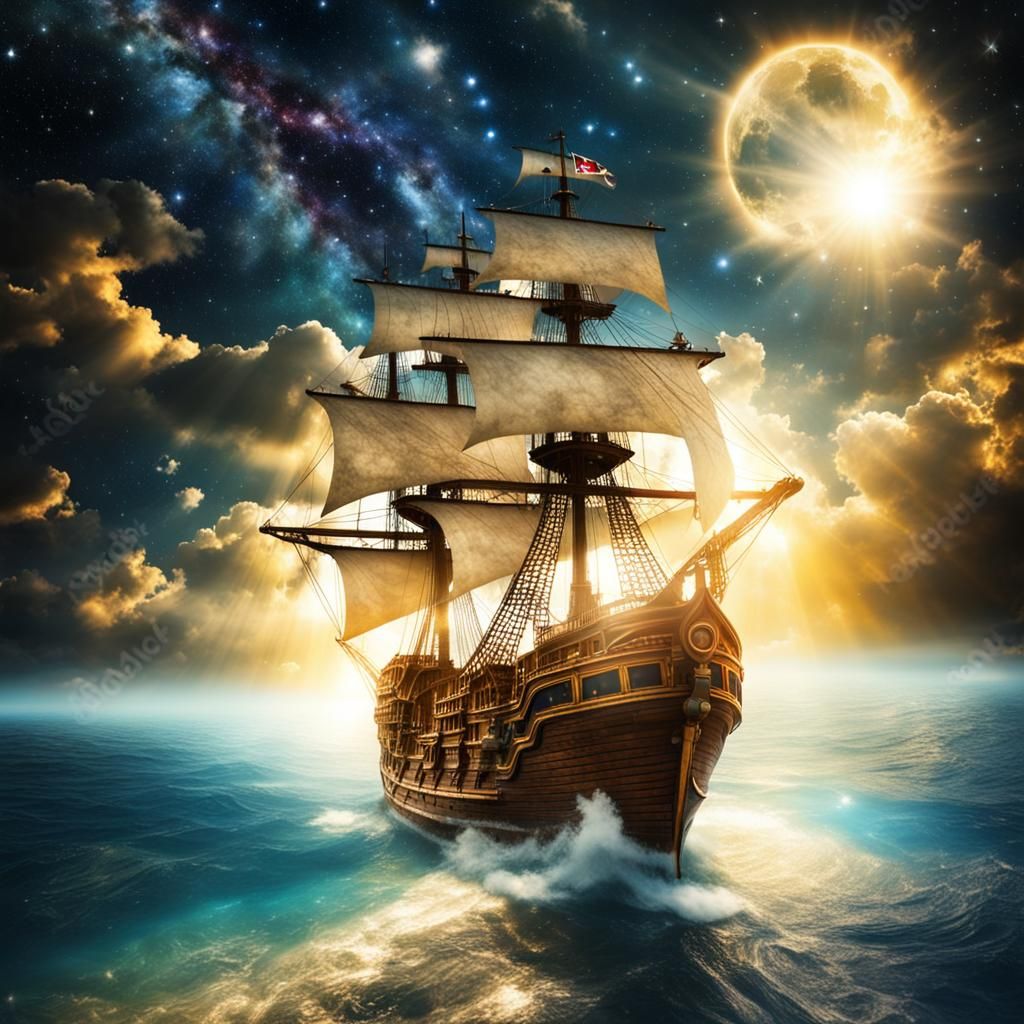 Pirate Ship Sailing Through Starry Sky