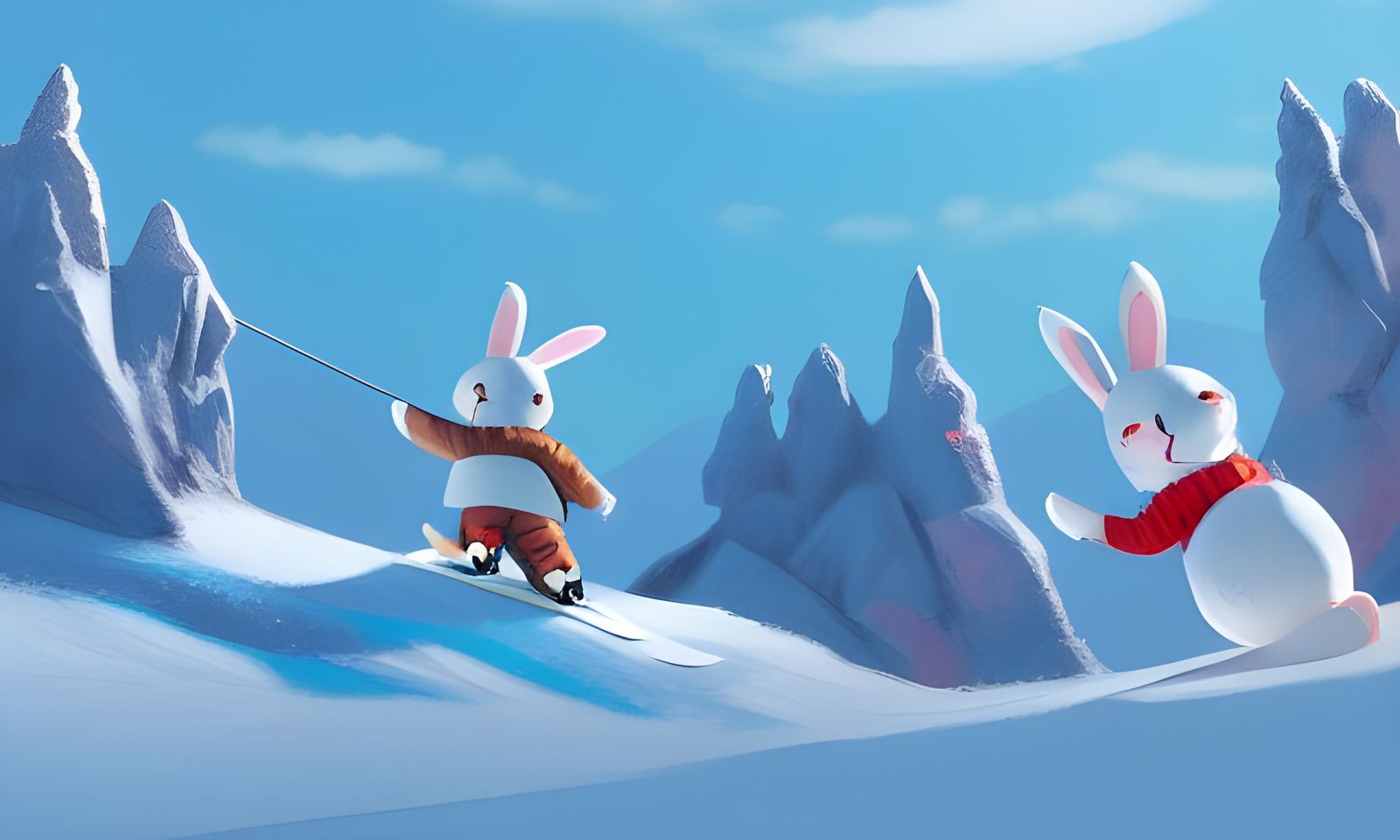 Adorable Rabbits Skiing Mountain: Concept Art