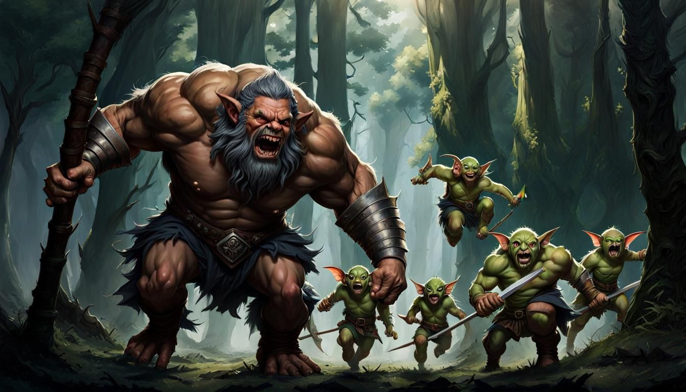 Goblins Fleeing Giant in Fantasy Art Style
