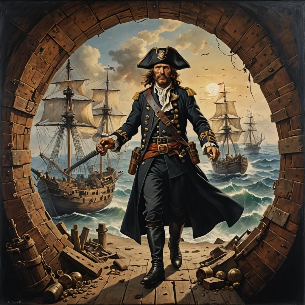 Photorealistic Time-Traveling Pirate at World Portal