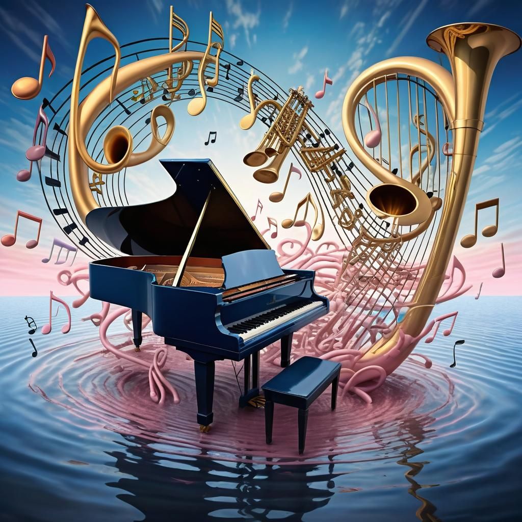 Surreal Musical Landscape with Flowing Piano