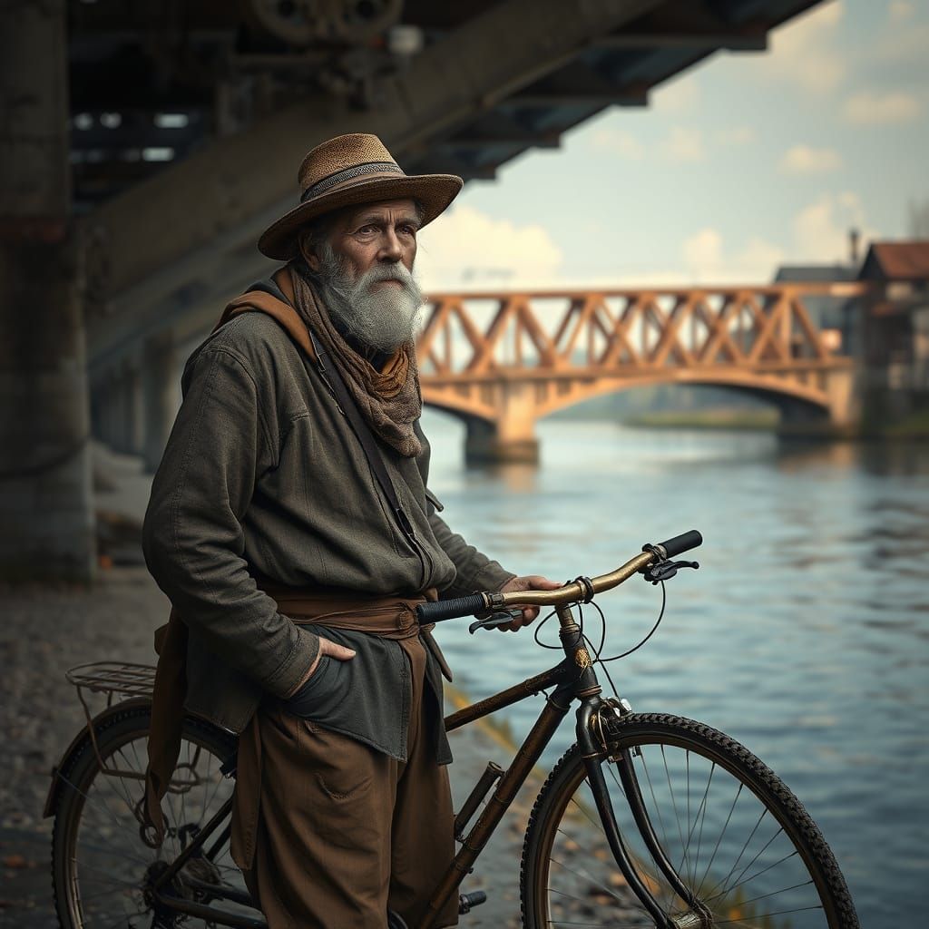 Old Man with Bamboo Bicycle by Weser River