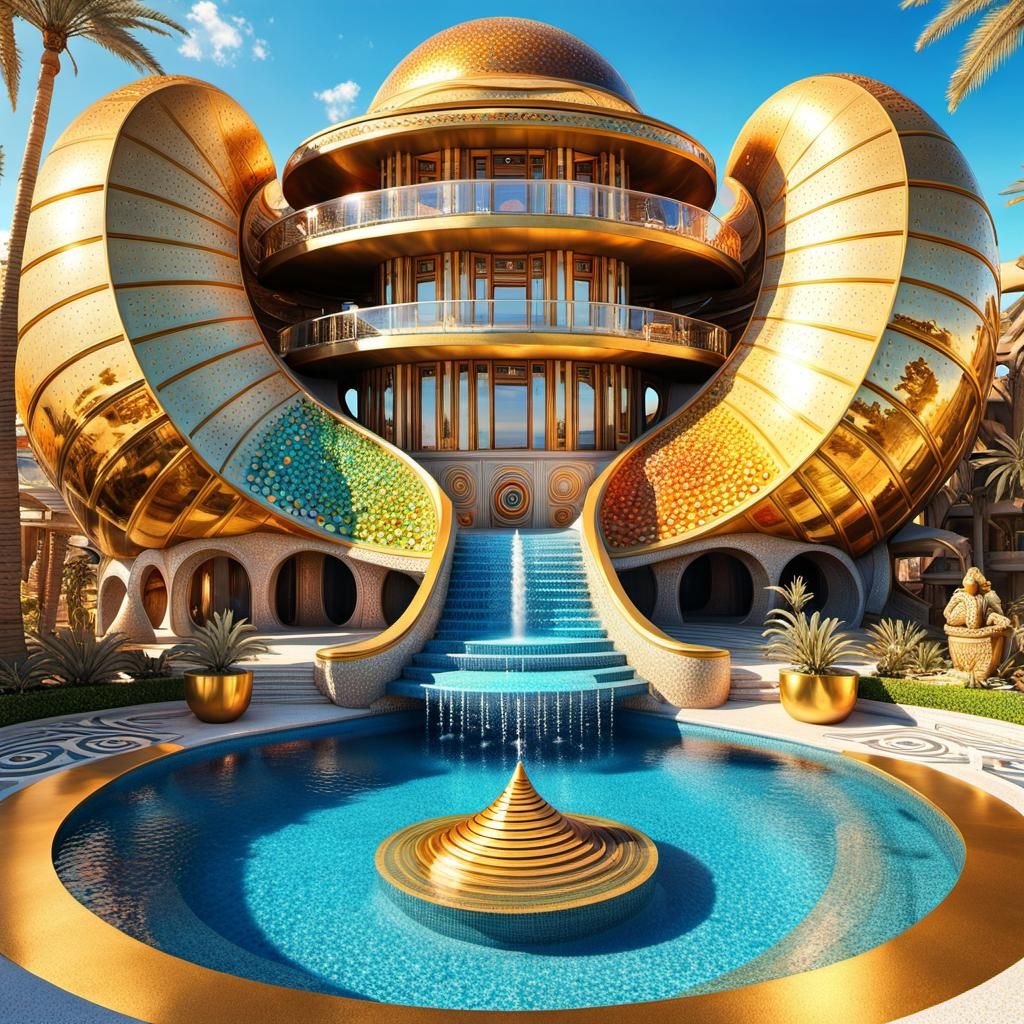 Futuristic Pharaoh Sea Snail House with Fountains