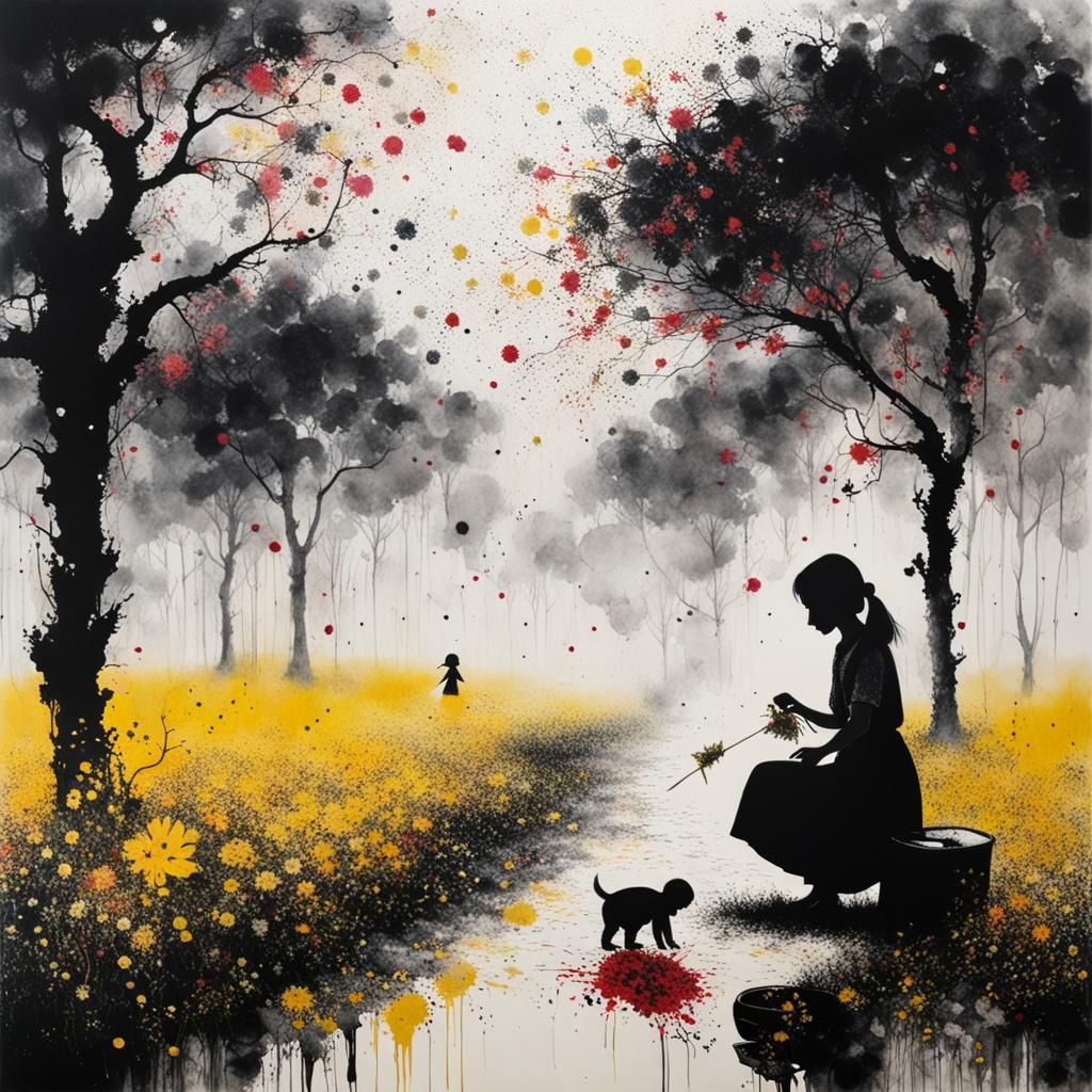 Ink Splatter Painting: Girl Picking Flowers