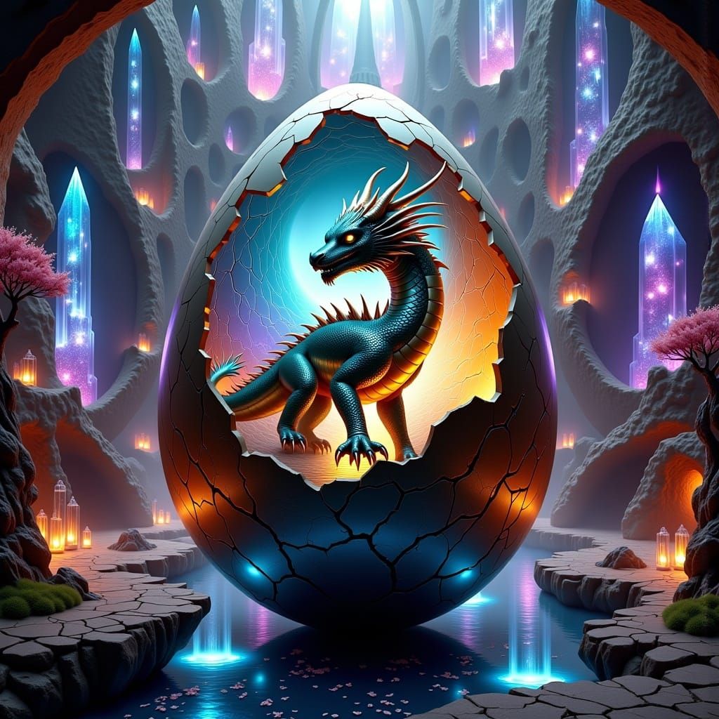 Luminous Dragon Egg Radiates in Futuristic Metropolis