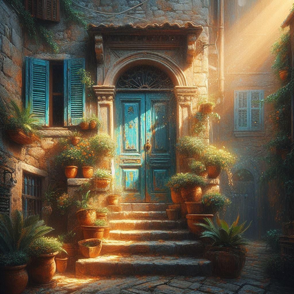 Italian Alleyway with Blue Door as Impasto Oil Painting