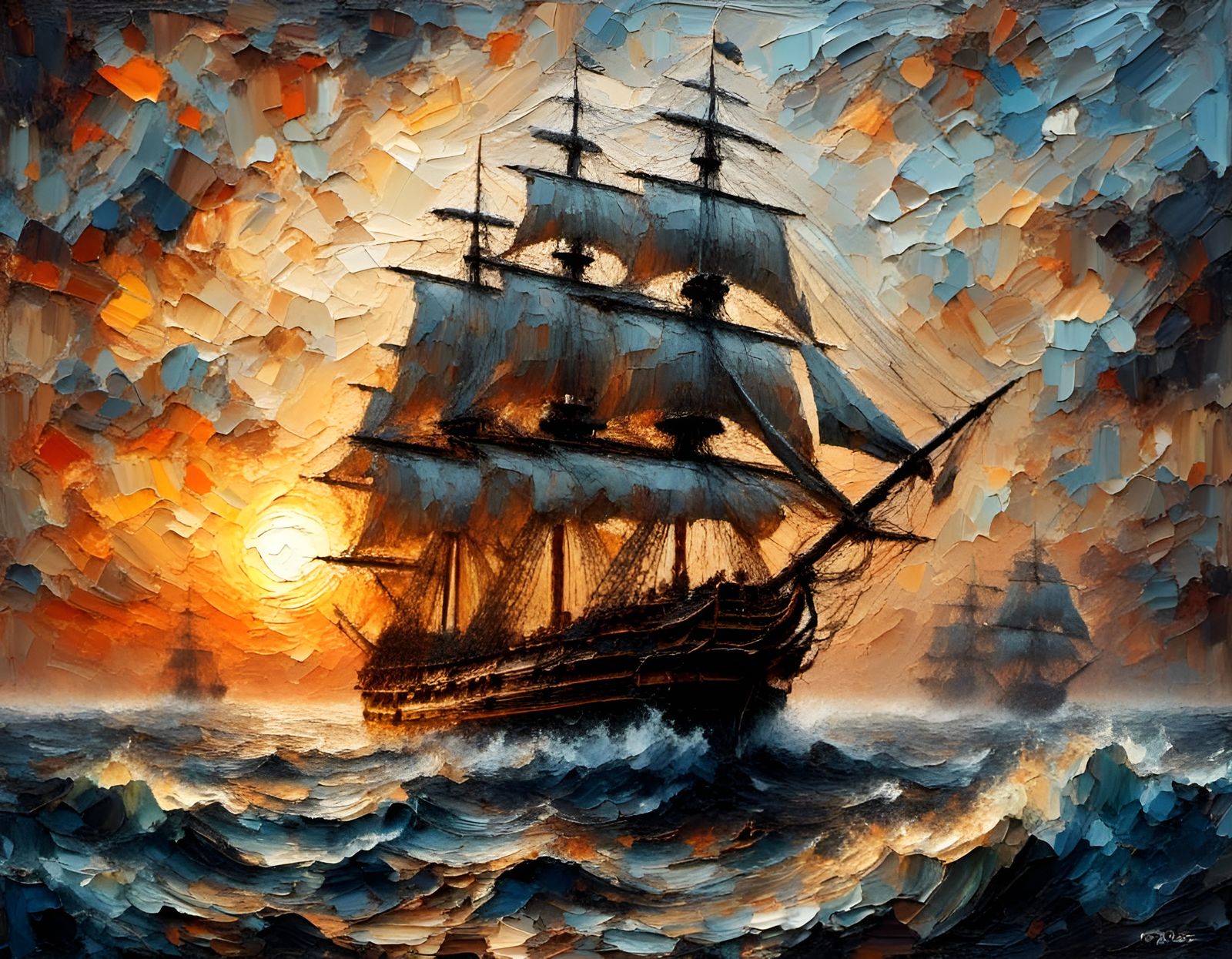 HMS Victory Sails Stormy Sunset: Chiaroscuro Impasto