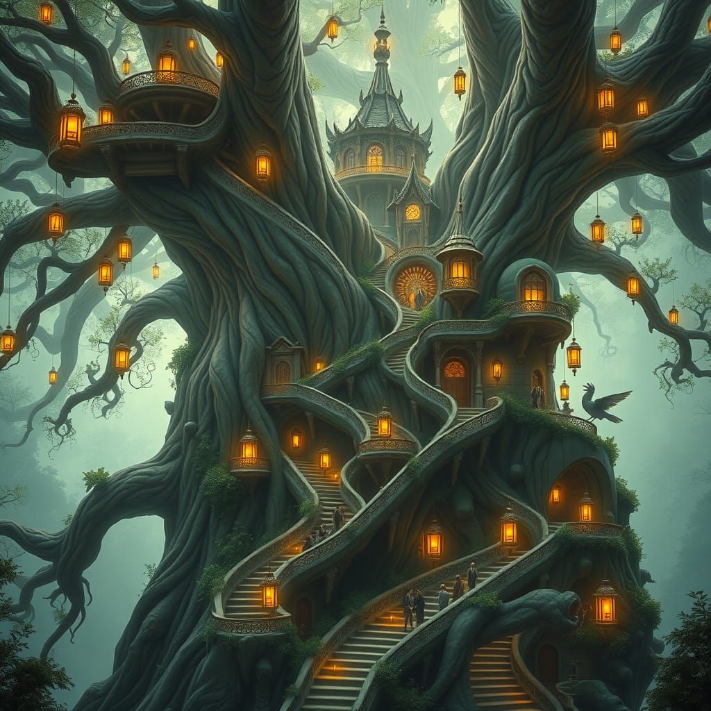 Enchanted Elven Metropolis Within a Living Tree